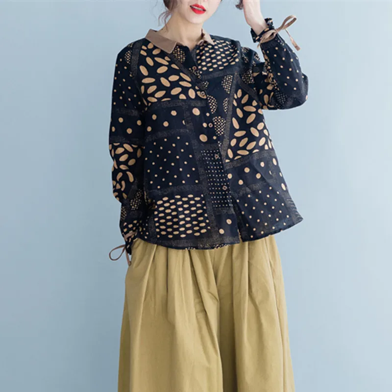 Новинка 2019 повседневные свободные топы с отложным воротником и принтом женские