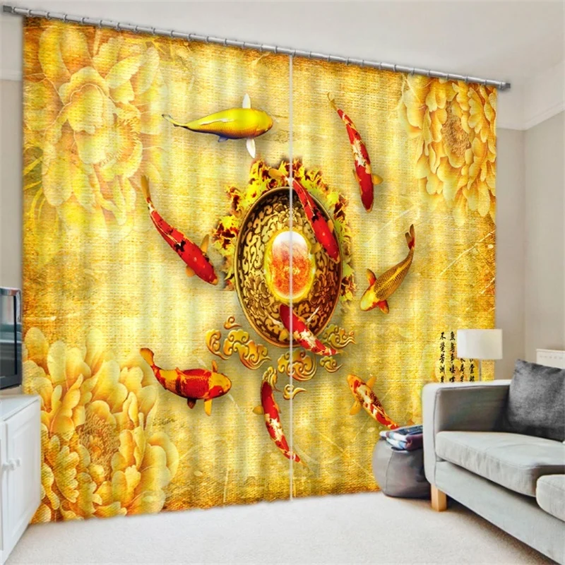 

Шторы с китайским драконом и рыбками, с золотым принтом, для гостиной, спальни, офиса, короткие окна, французские двери, декоративные светоне...