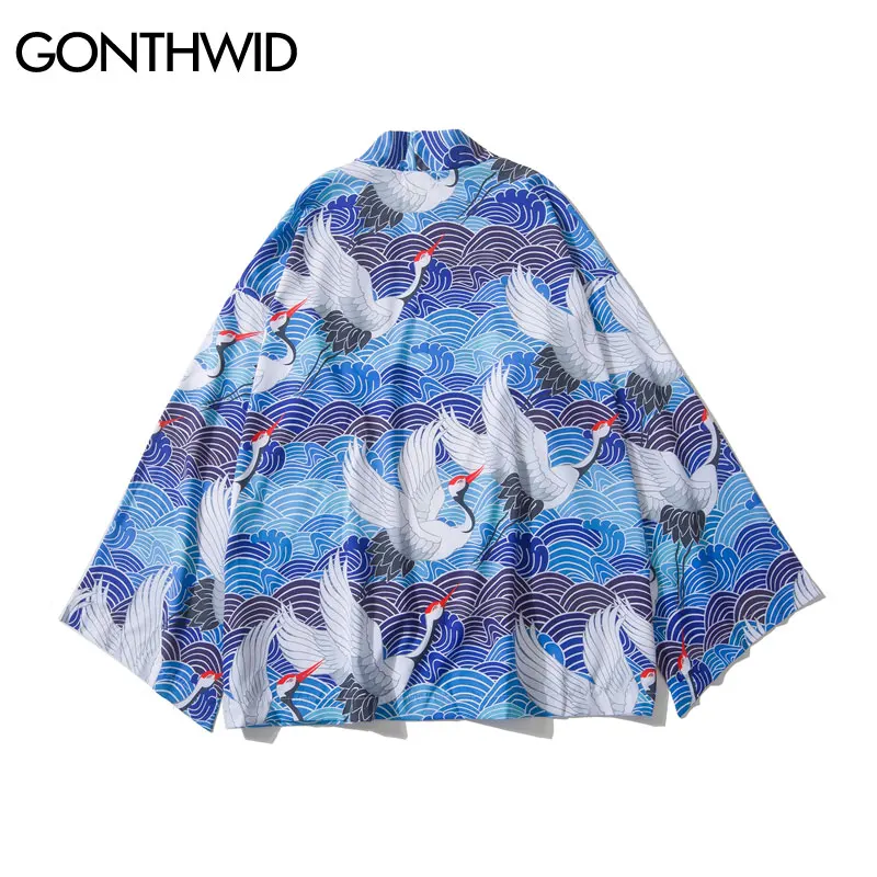 GONTHWID японское кимоно кардиган Haori куртки с длинным рукавом уличная одежда для
