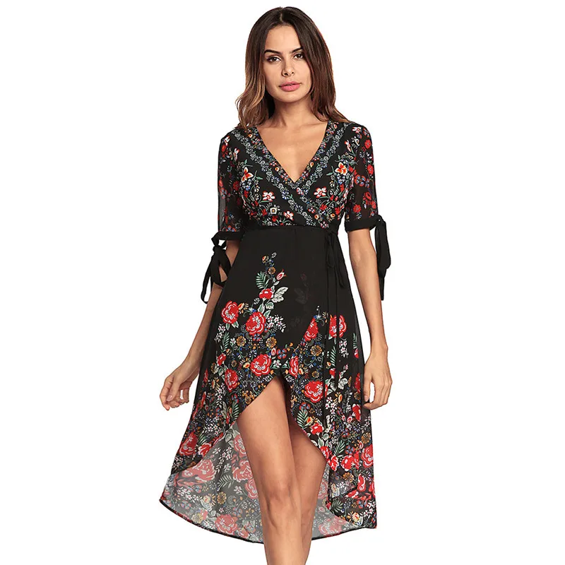 Шифон Boho платье Для женщин 2018 новый принт черные гольфы Длина летнее