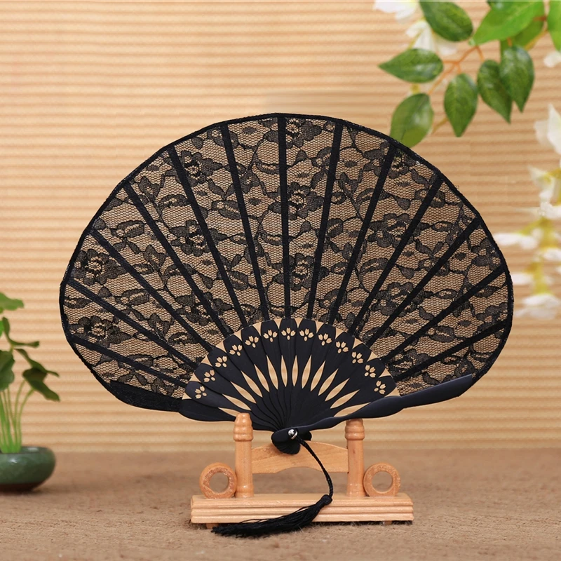 

Free Shipping High Quality 1PC with Tassel For Gift Chinese Vintage Style Lace Fabric Black Dancing Party Fan Dancing Props