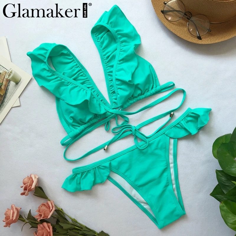 Glamaker красный гофрированный купальник женский сексуальный глубокий v-образный вырез купальный костюм для женщин купальный костюм бикини с высокой талией пуш-ап с открытыми плечами Купальник - Цвет: Зеленый