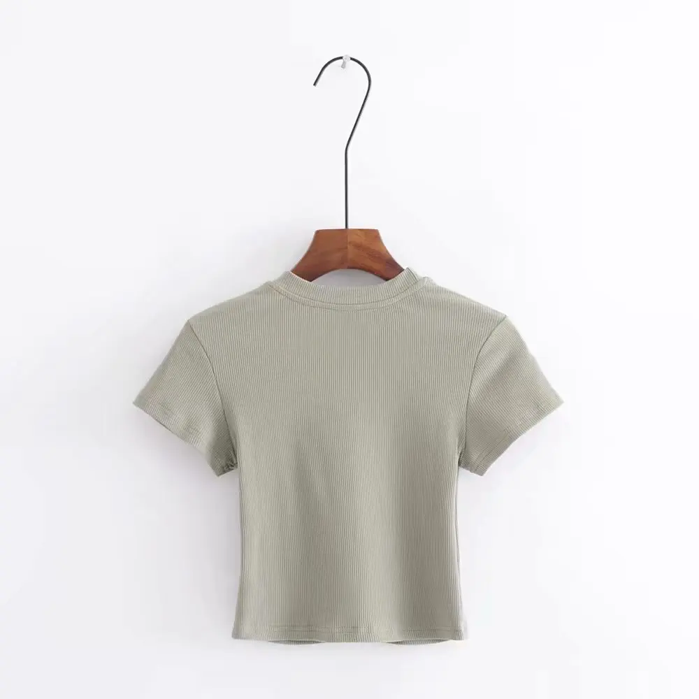 Летняя рубашка винтажный Топ футболка Женская Базовая кроп-футболка в рубчик