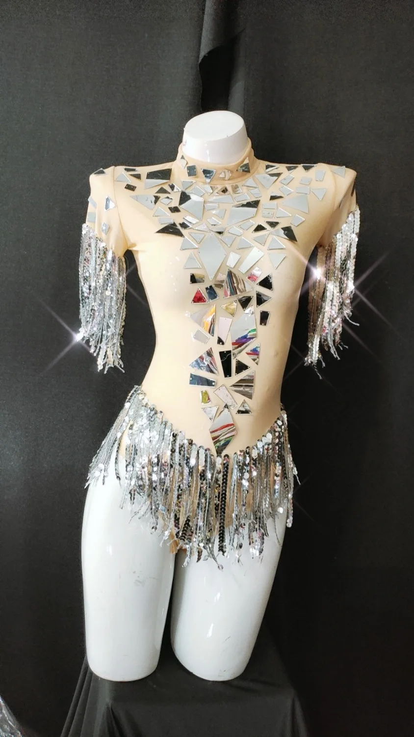 Fashion Nude Sexy Silver Mirrors Leotard Dance Costume Women's Fringes Bodysuit Show Nightclub  Female Singer Stage Show Wear