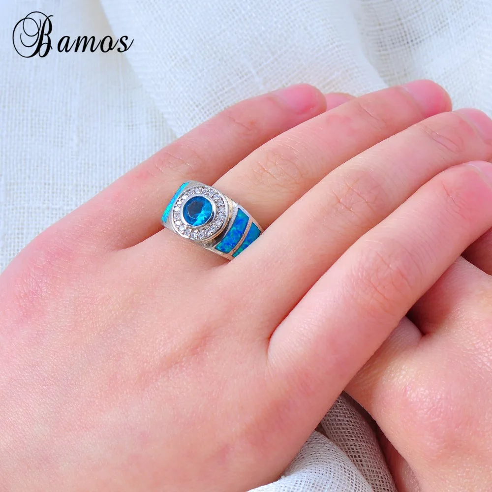 Bamos Vintage White Gold Filled Geometric Ring Luxury Blue Fire Opal Cocktail Crystal Jewelry Wedding Bands For Couples | Украшения и