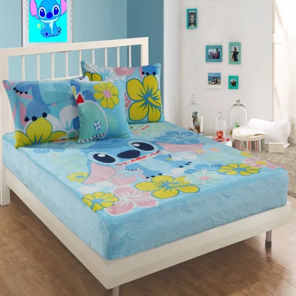 stitch Супер мягкий фланелевый коричневый Микки Холодное сердце Эльза и Анна простыня с резиновым наматрасником и наволочки 1.2m.1.5m.1.8m кровать - Цвет: stitch