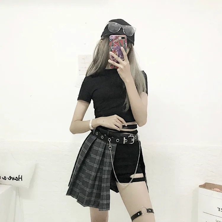39D Harajuku в стиле панк плед асимметричные юбки Для женщин Асимметричная с высокой талией плиссе Девушки Готический половину модная юбка с поясом