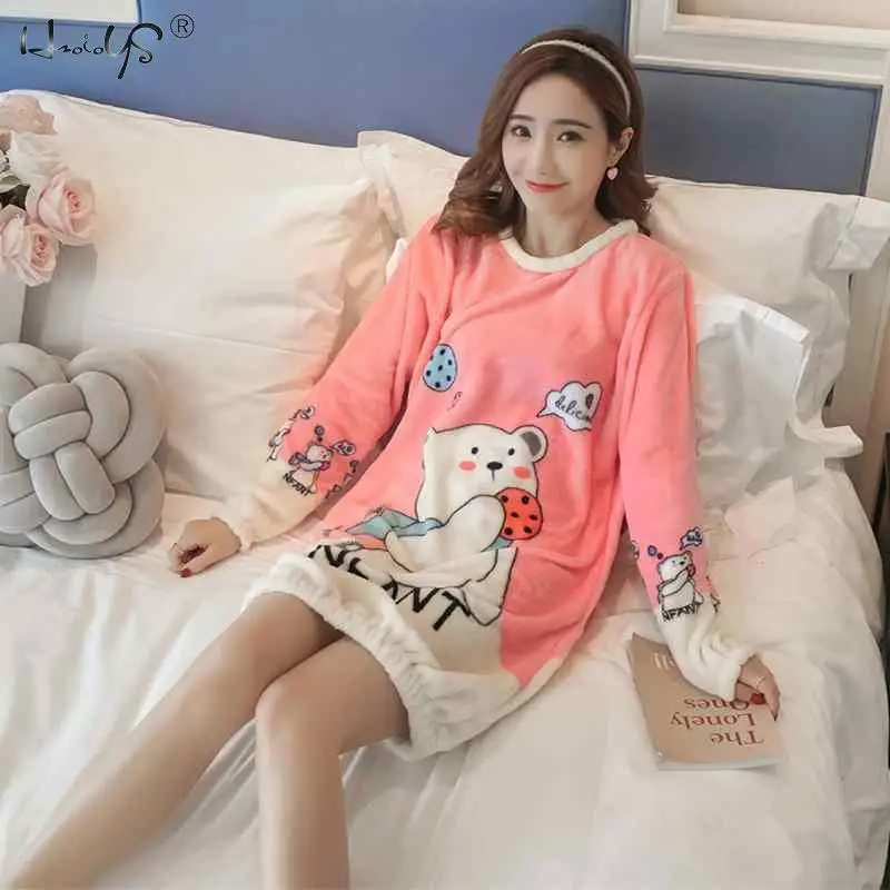 Nightgowns Bathrobe Thick Warm Flannel Nightdress for Women Winter Sleepshirts Coral Velvet Animal Sleepwear Femme Nighty