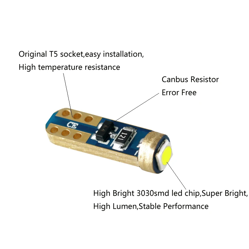 2 шт. W3W T5 1 SMD 3030 Автомобильный светодиодный светильник Canbus без ошибок 12 в белый