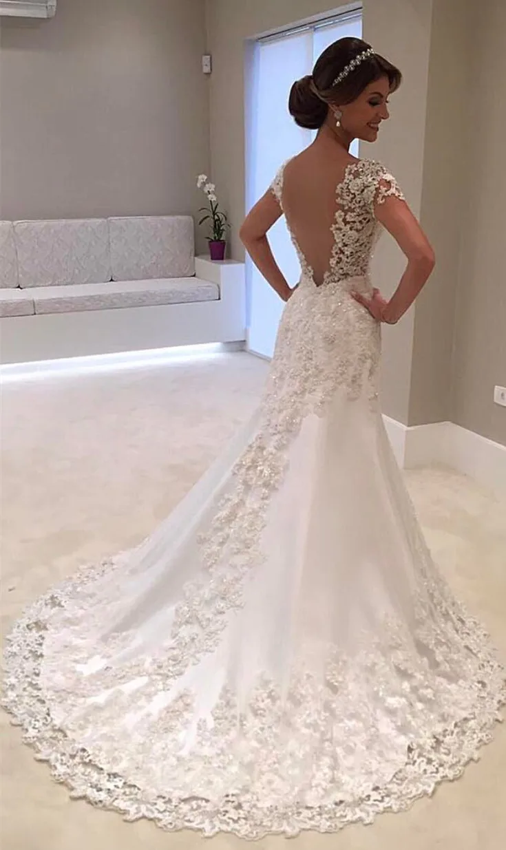 Белое кружевное свадебное платье с V образным вырезом и открытой спиной|robe de