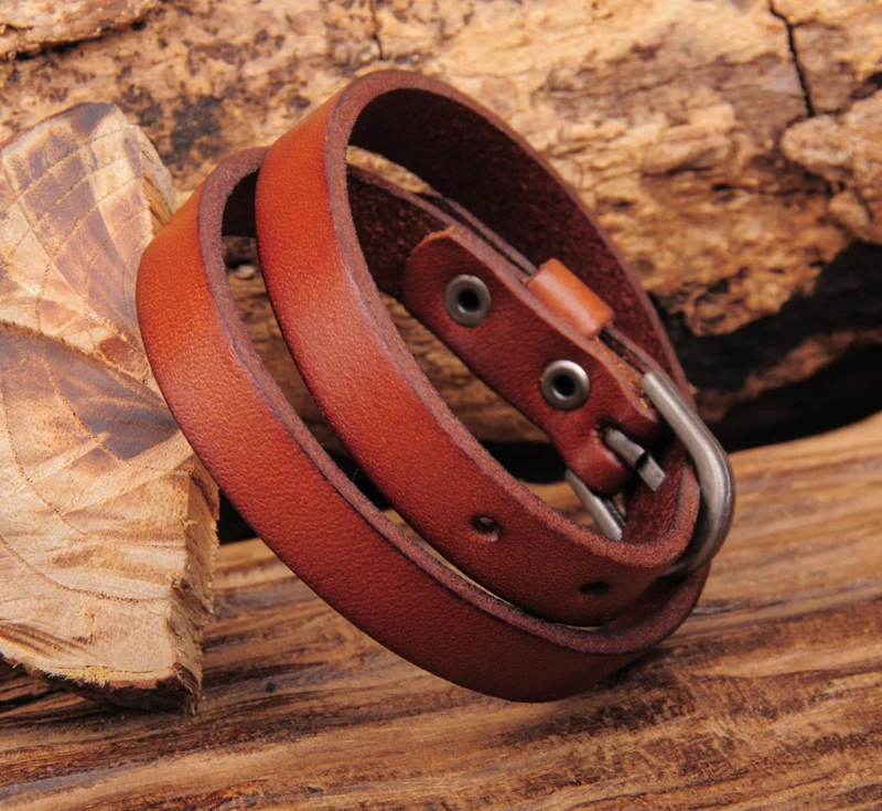 Мужской кожаный браслет G522 светло-коричневый Байкерский с металлической пряжкой