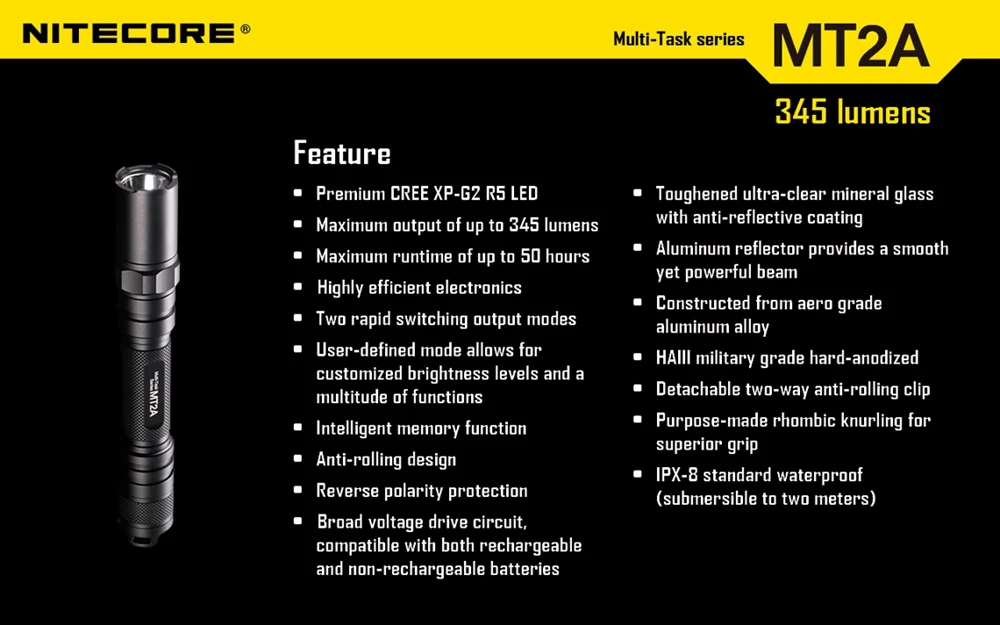 Nitecore MT2A фонарик CREE XP-G R5 светодиодный 3 режима фонарик 280 люмен Мини СВЕТОДИОДНЫЙ Фонарь Nitecore фонарик без батареи