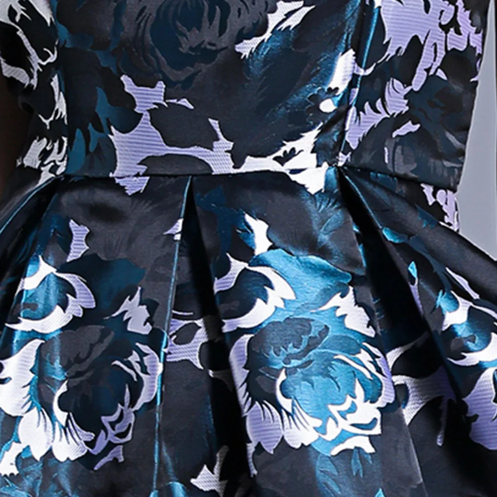 

Elegant Slim Woman Party Dress Ladies Knee-length Vest Dresses O-neck Sleeveless Woman Blue Floral Jacquard Midi Dress