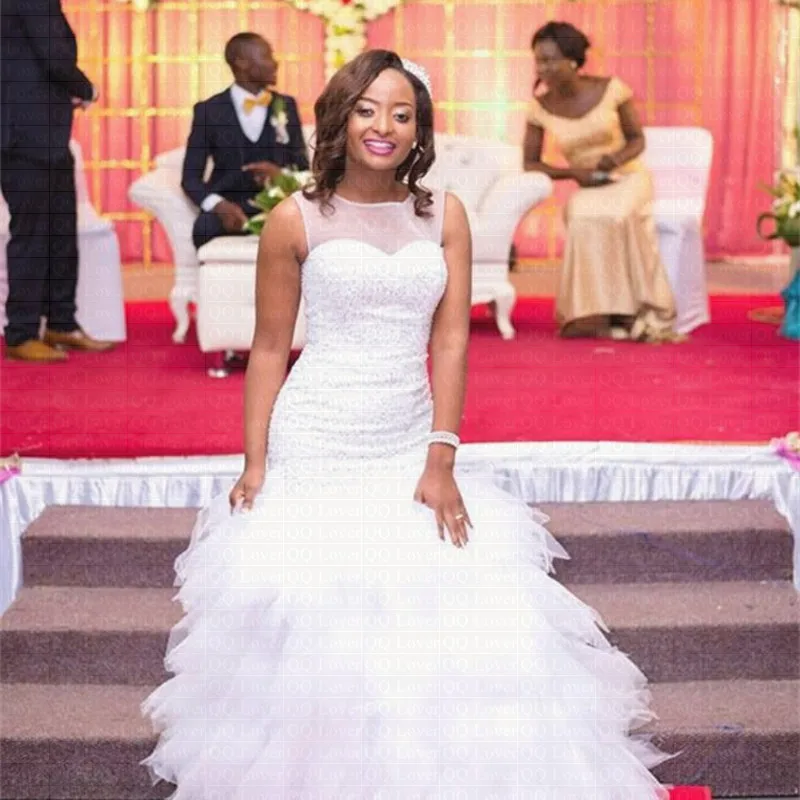

New African Tiered Mermaid Wedding Dress Full Beading Bridal Gown Ruffle Wedding Gowns 2020