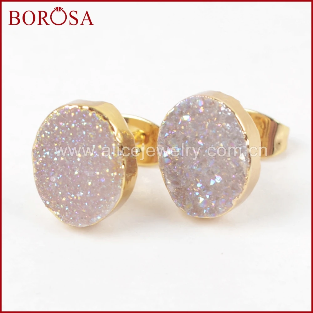 Модные серьги гвоздики BOROSA из настоящего камня овальные золотого цвета с