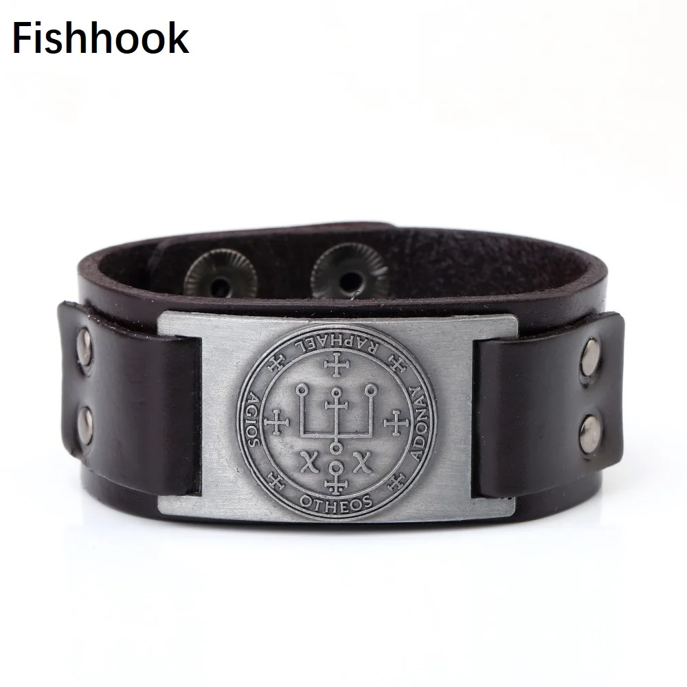 Мужской кожаный браслет Fishhook Готический Браслет манжета с амулетом ангелом