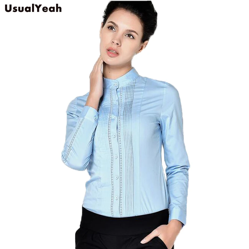 Женская блузка с длинным рукавом белая формальная воротником стойкой и кружевом