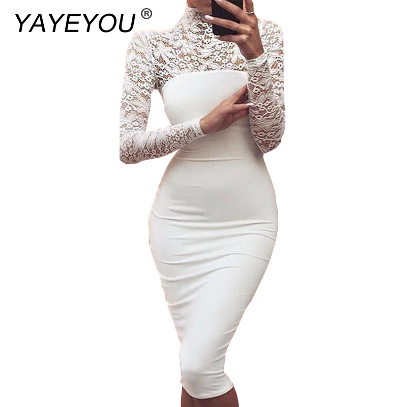 Горячая Водолазка с длинным рукавом Кружевное миди сексуальное Клубное