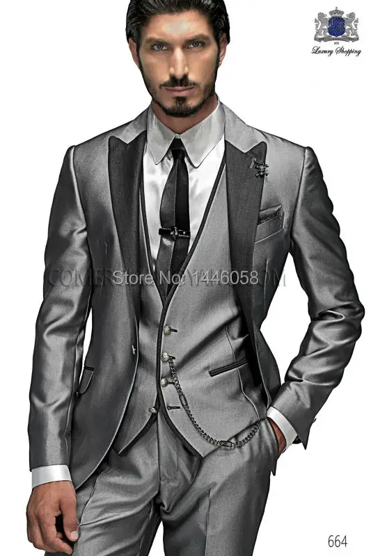 

2017 Custom Made Groom Tuxedo Silver Suit Peaked Lapel Best man Groomsman Men Wedding/Prom Suits Bridegroom Jacket+Pant+Vest+Tie
