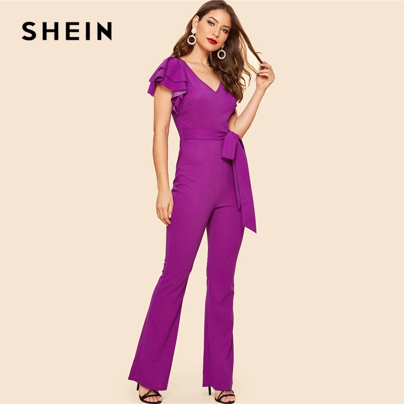 SHEIN Элегантный Комбинезон С Поясом Яркий Оригинальным Рукавом И V Образным
