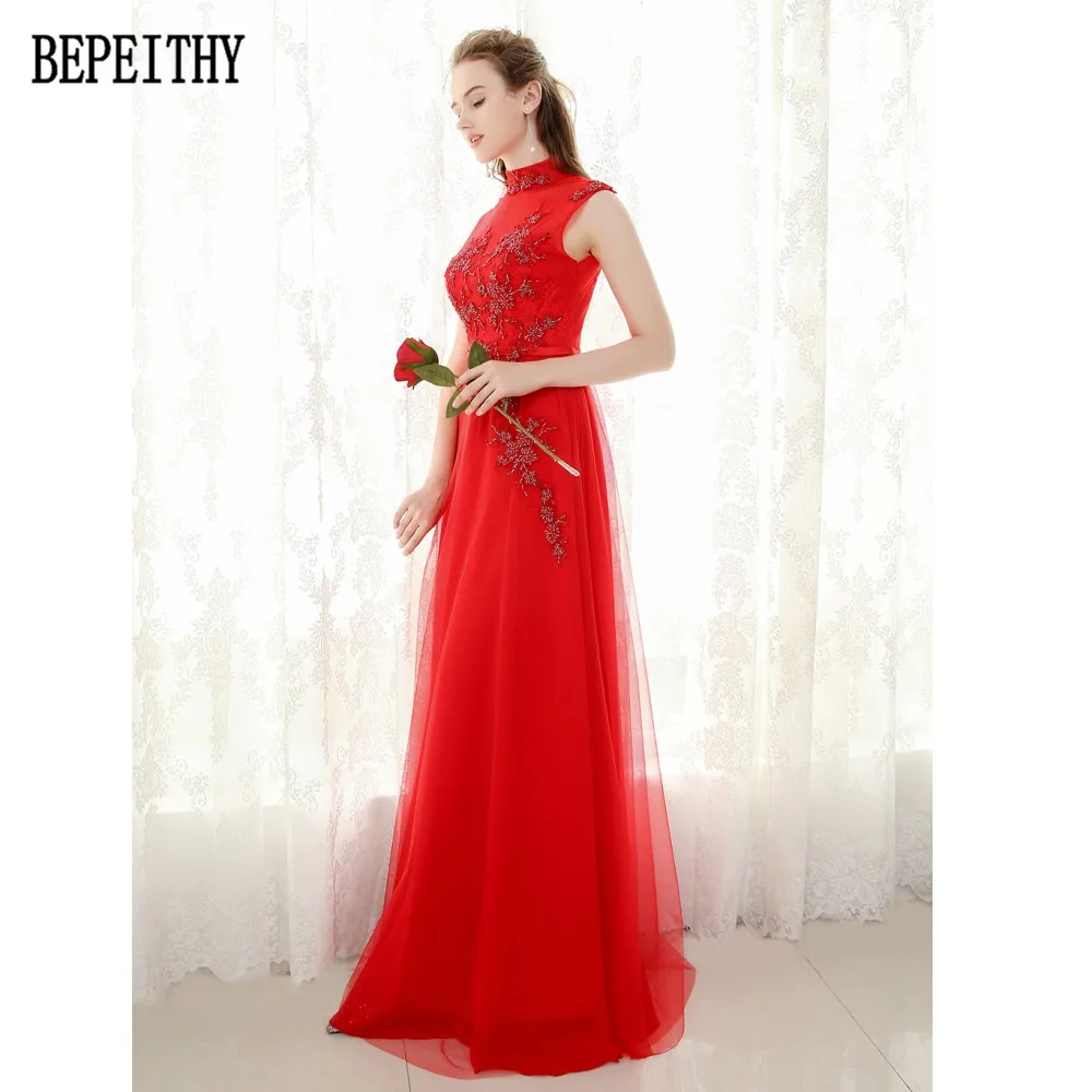 BEPEITHY Vestido De Festa платья на выпускной с бусинами и высоким воротом красные длинные