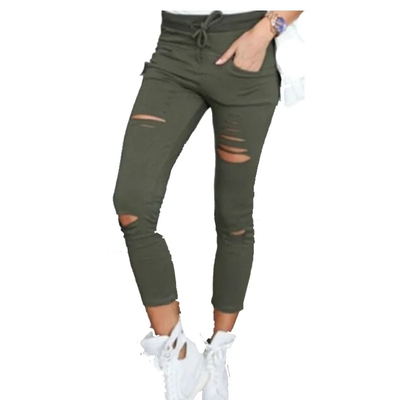 Women leggings Holes Pencil Stretch Casual Denim Skinny Ripped Pants High Waist Jeans Trousers | Женская одежда