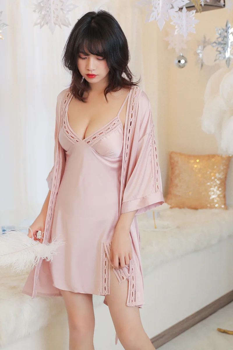 Сексуальные женские пижамные комплекты из 2 предметов, эмуляционная шелковая кружевная Пижама, женские комплекты одежды для сна, летняя ночная рубашка, осенняя Домашняя одежда, ночная рубашка
