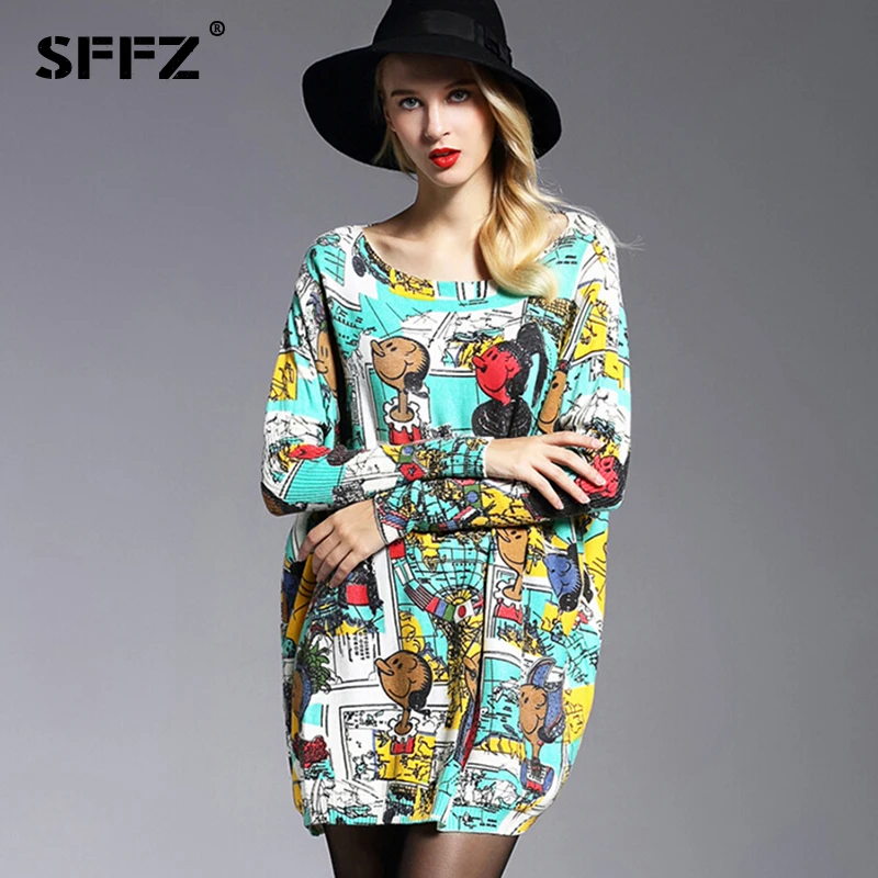 SFFZ 2019 New Autumn Women Long Sweaters Fashion Casual Wool Blend Knitted Sweater Dresses Slash Neck Oversized Pullover 6150 | Женская