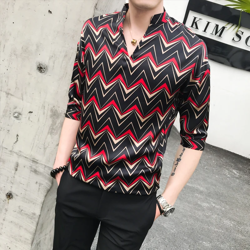 

men shirt Short-sleeved blouse A236-200-P50 with loose middle sleeves and irregular stripes