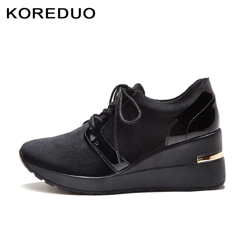 KOREDUO Designer Women cow suede Ankle Boots Female High Top Platform Lace up Wedge heels Sneakers Casual Shoes Bottes mw | Обувь