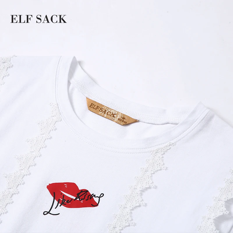 ELFSACK, женские футболки с принтом губ, кружевные однотонные повседневные топы, женская брендовая одежда, летняя футболка с коротким рукавом