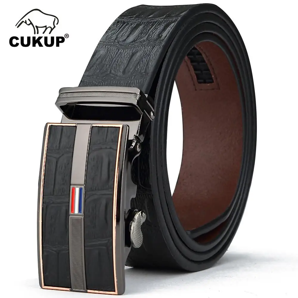 CUKUP Men's Leather Cover Automatic Buckle Metal Belt Quality Crocodile Stripes Black Cow Skin Accessories Belts for Men NCK411