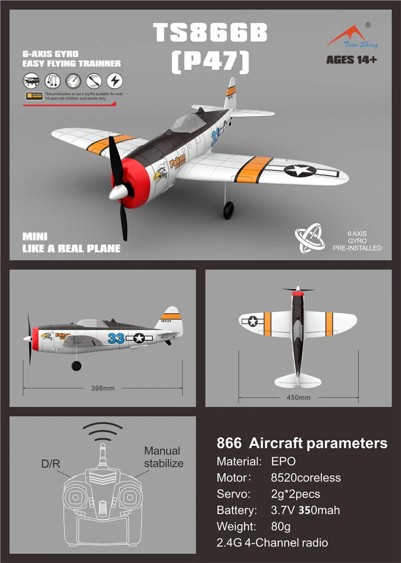 P47 2,4G 4CH 6-Axis Gyro приводимого в движение с помощью электропривода легко летать тренер Warbird RC Самолет RTF