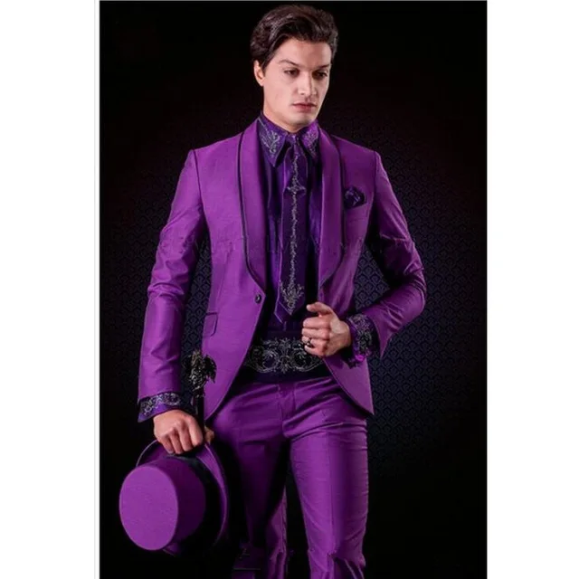 

2019 New Arrival Purple Men Suit For Wedding 2Pieces(Jacket+Pant+Tie) Fashion Groom Prom Masculino Trajes De Hombre Blazer