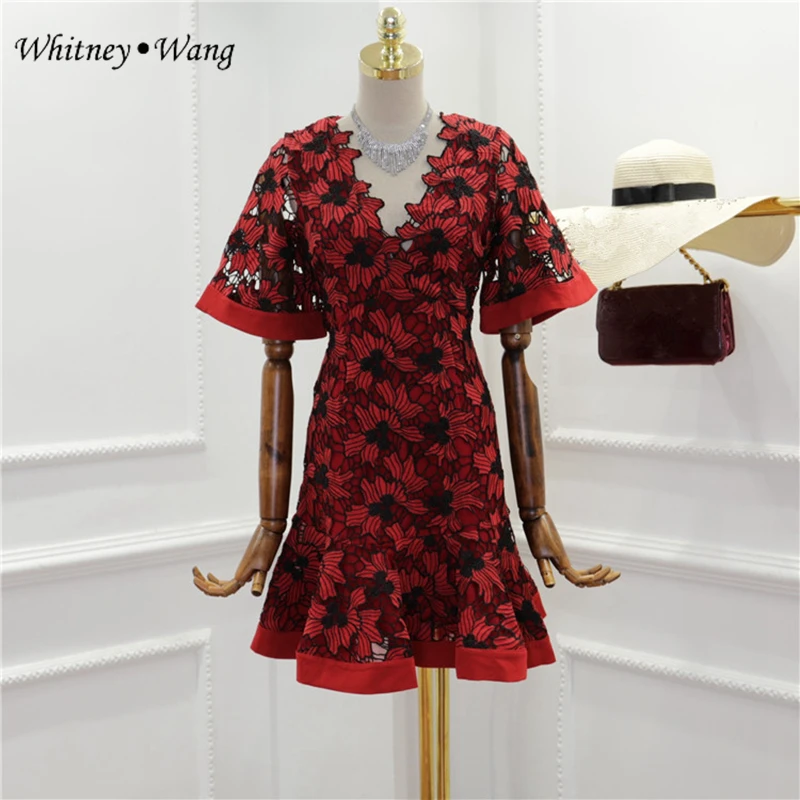 WHITNEY Ван 2018 Летняя мода уличная Винтаж Стиль Элегантный открытое кружевное платье с русалочкой Для женщин