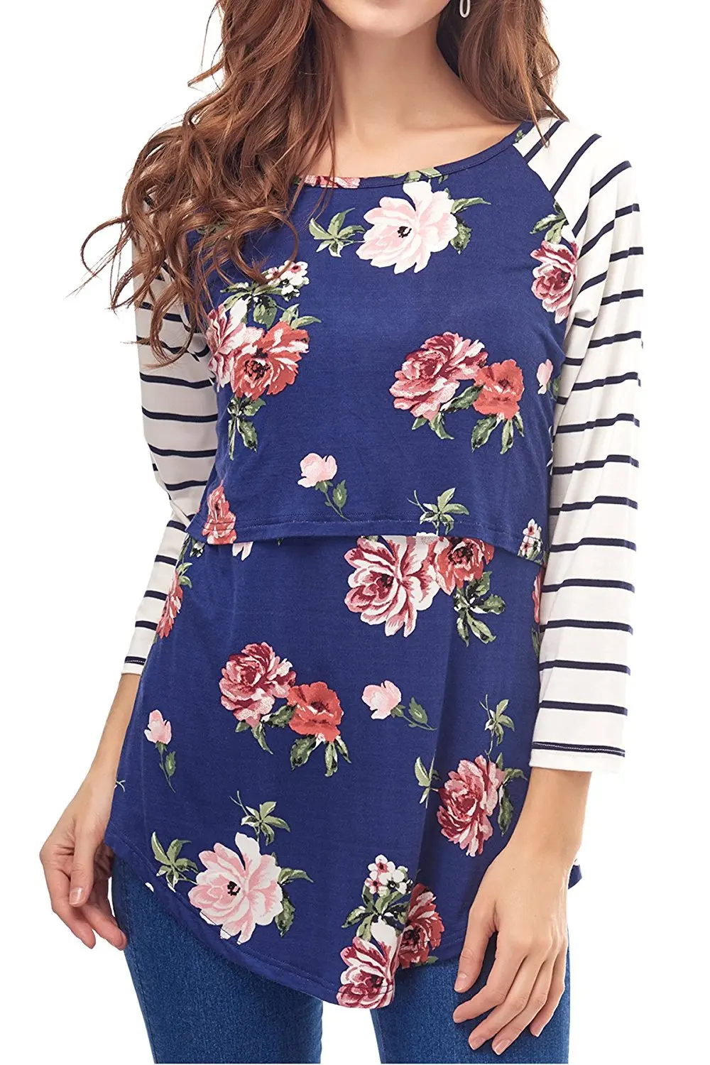 

Nursing Top Women Mom Pregnant Nursing Maternity Long Sleeved Striped Floral Print Blouse Clothes Multi-Functional Breastfeeding