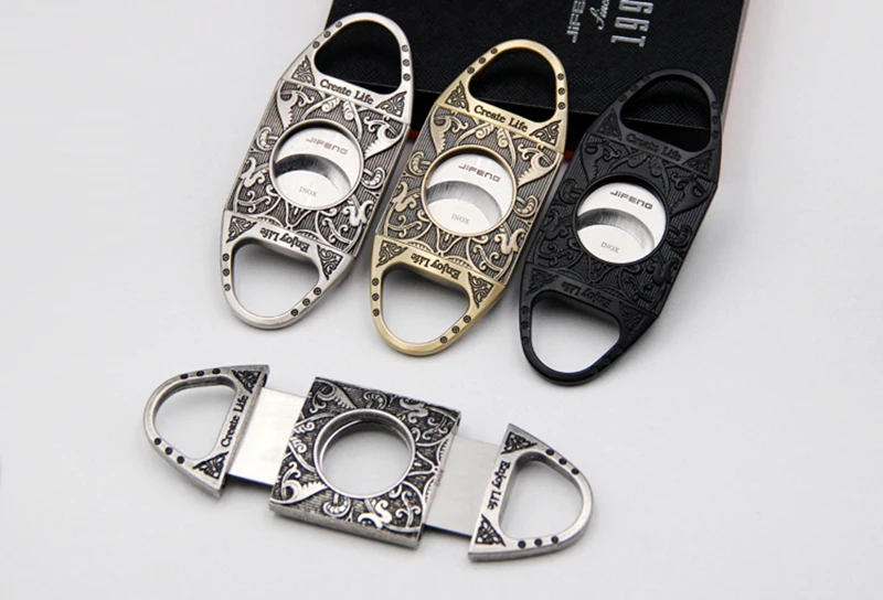 

JiFENG резак для сигар ретро искусство резная нержавеющая сталь Каттер для сигар с двойными лезвиями/ножницы, с кобурой подарочная коробка