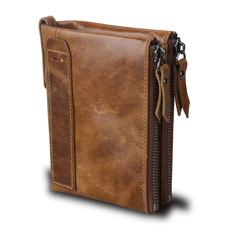 Double Zipper Short RFID Wallet Genuine Leather Purse Male Walet Men's Handy Portomonee Baellery Money Bag