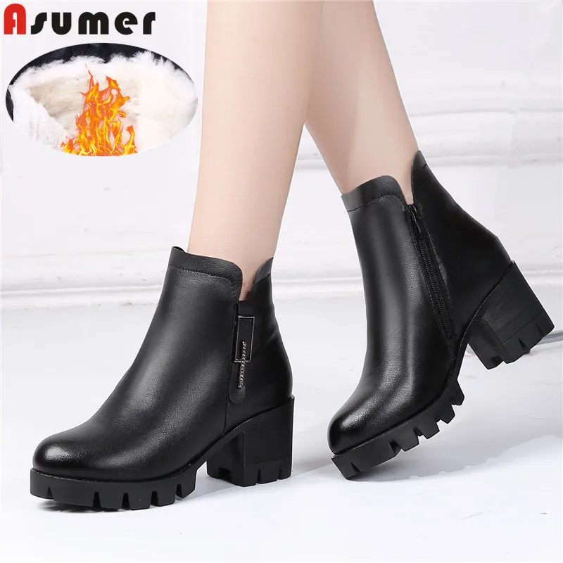 

ASUMER big size 34-41 new genuine leather boots round toe zip ladies ankle boots platform keep warm wool snow boots women 2021