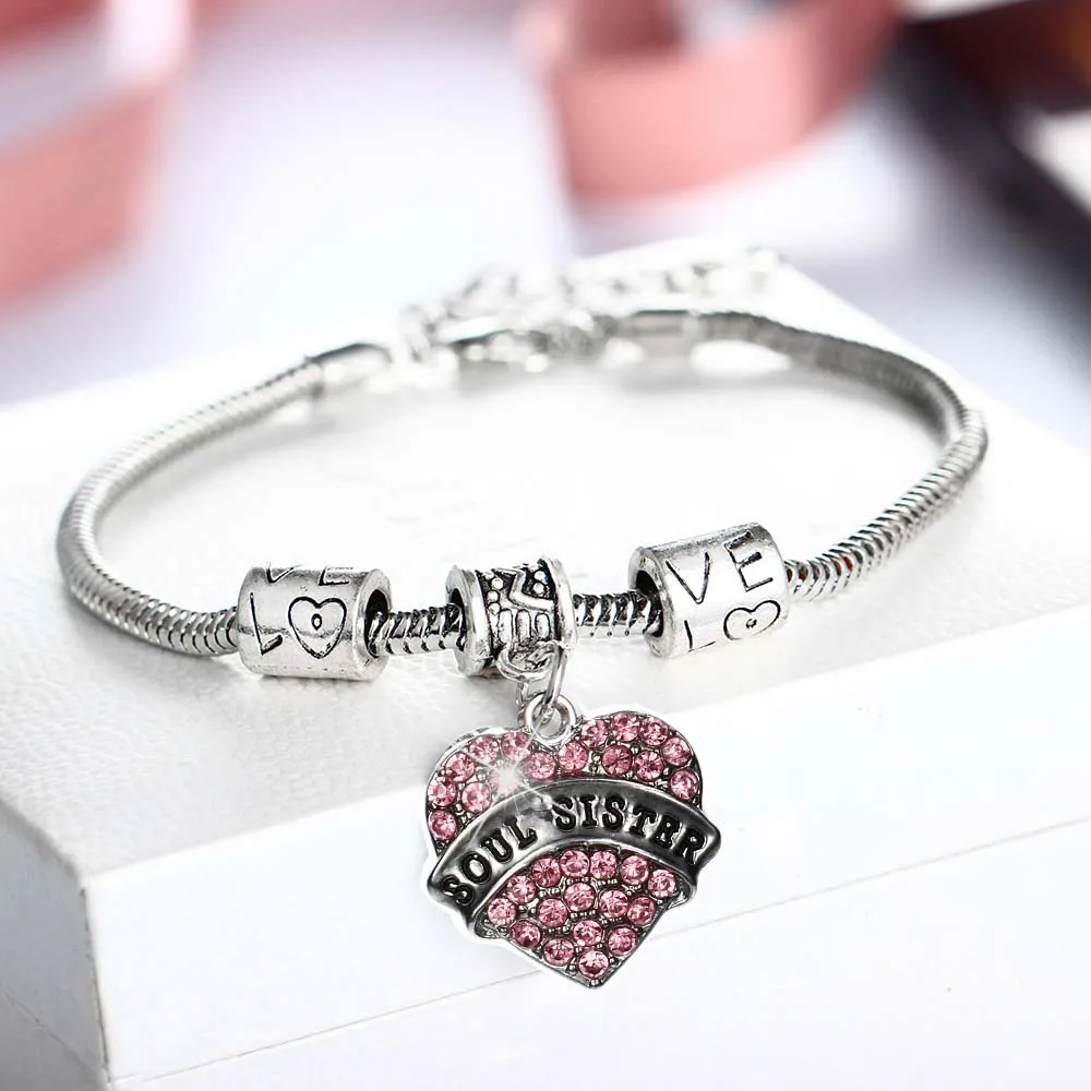 Soul Sister Bracelet Прекрасный розовый Хрустальное сердечко любовь ожерелье с подвеской Семья лучшие друзья подарок для мамы дочки сестра Для женщин Цепочки и ожерелья цепь - Окраска металла: Soul Sister Bracelet