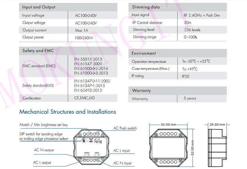 1CH* 1A RF+ Push AC фазовый диммер S1-B контроллер светодиодный симисторный диммер контроллер 2,4 ГГц RF беспроводной пульт дистанционного управления 1A кнопочный диммер