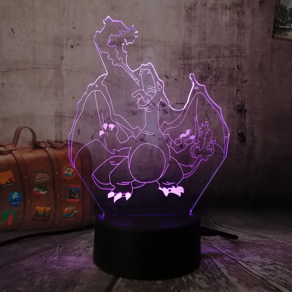 Крутой светодиодный 3D светильник с покемонами Charizard 7 цветов ночник Визуальный