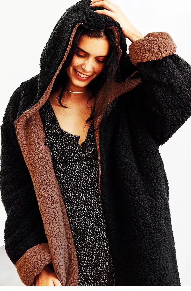 Faux Fur Coat Women Winter Warm Soft Hooded Long Double-sided Casacos Thickened Plush Loose Overcoat Casual Outerwear | Женская одежда