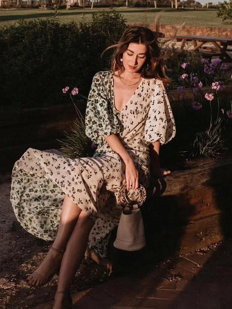 2019 Summer Deep V-neck Chiffon dress Puff Sleeve flower print Long Dress contrast color symmetry Vintage Fashion maxi M | Женская