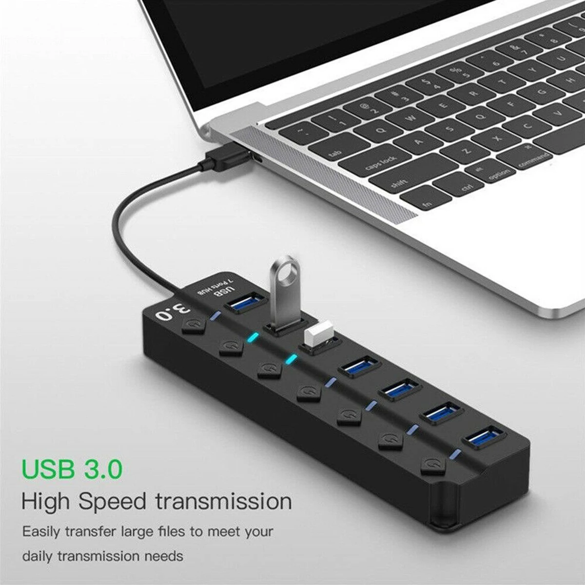 7-Port USB 3.0 Hub Splitter Compact 5Gbps High Speed On/Off Switches Power Adapter for PC Laptop |