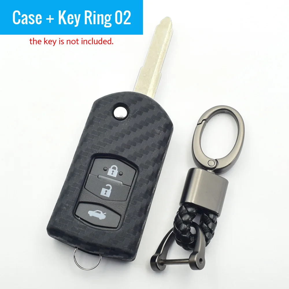 Case and Key Ring 02 Углеродного волокна резиновый корпус автомобильный ключ складной дистанционного Fob Защитная крышка брелок сумка для Mazda 3 5 6 CX5 CX7 CX9 RX8 MX5 аксессуары - Название цвета: Case and Key Ring 02