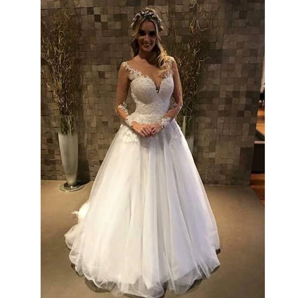 DZW541 robe de soiree 2019 Appliqued Beaded Long Sleeve A Line Wedding Dresses organza wedding gown Vestidos De Novias | Свадьбы и