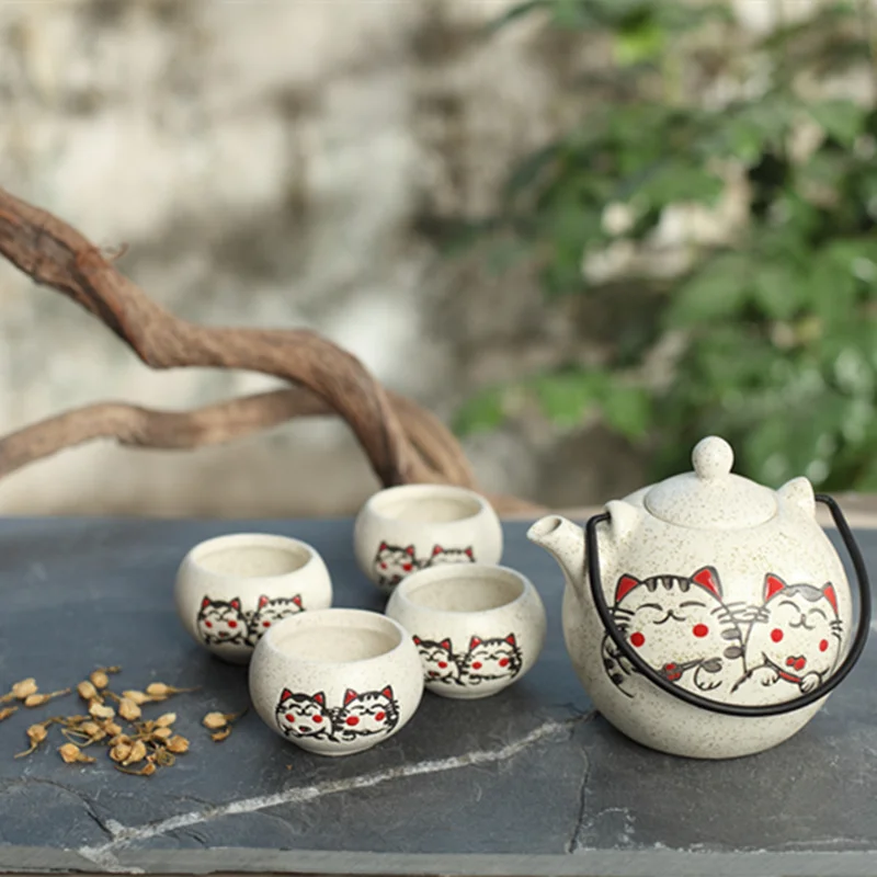 350 мл японский чайный сервиз керамический из пяти частей с ручной росписью lucky cat