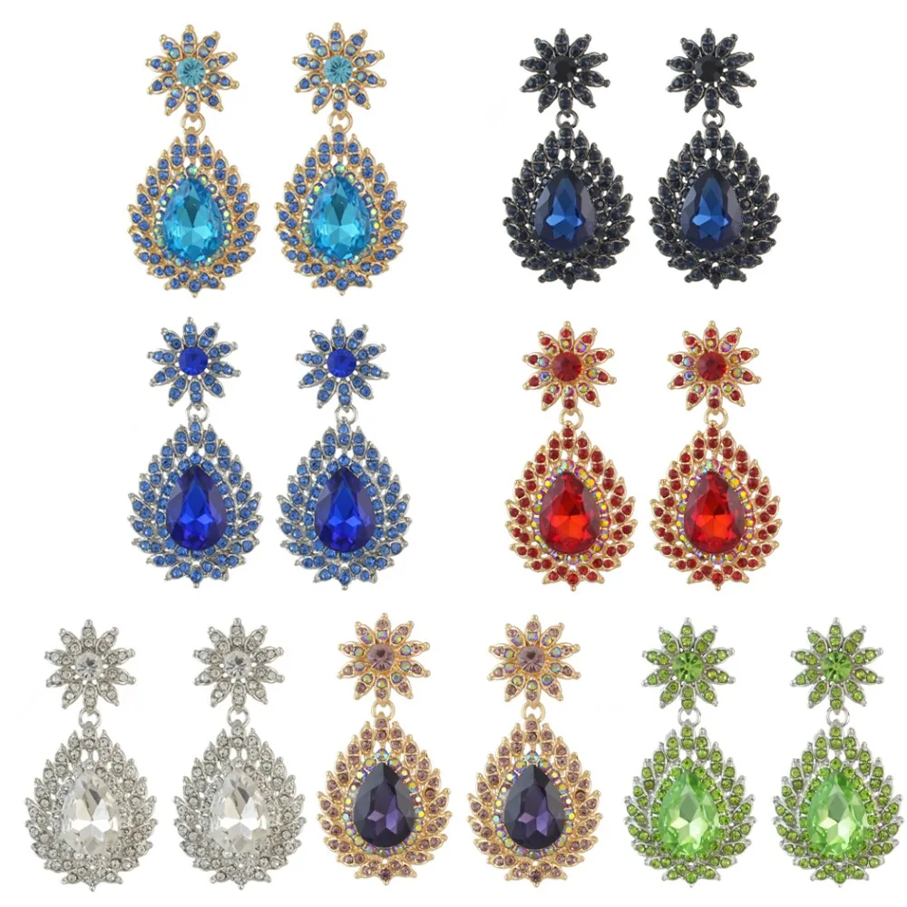 

Elegant 7 Colors New Fashion Luxury Drops Water Rhinestone Flower Crystal Jewelry Women Long Drop Dangle Earrings Oorbellen