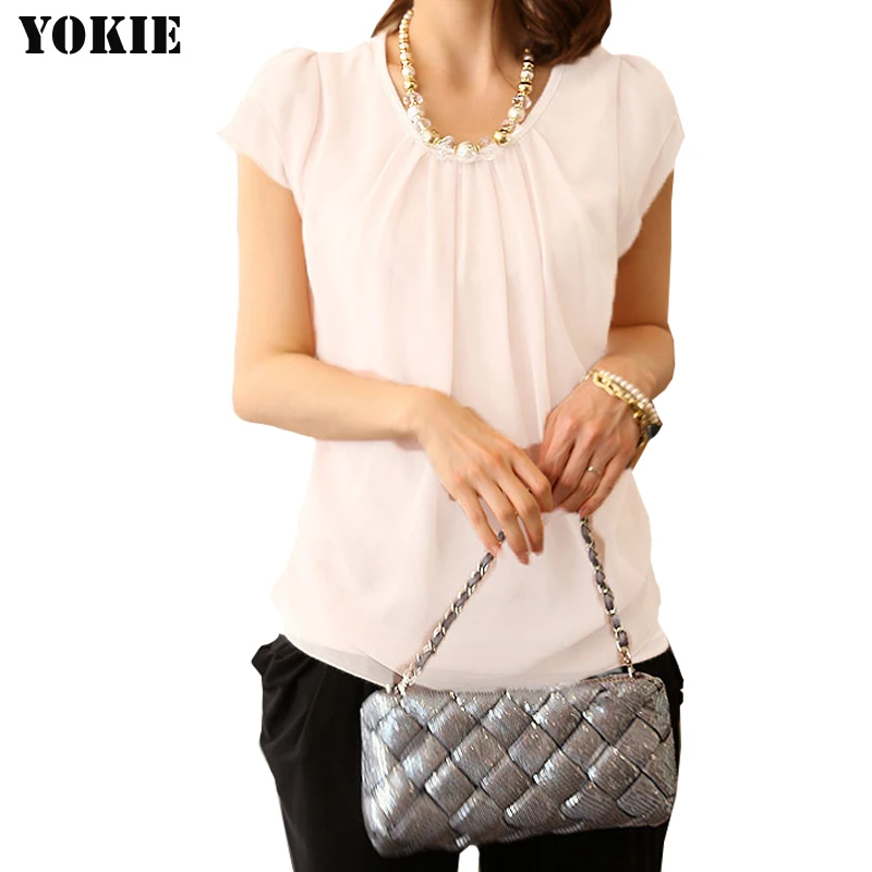 Женские блузы шифоновые рубашки однотонные с коротким рукавом бабочкой